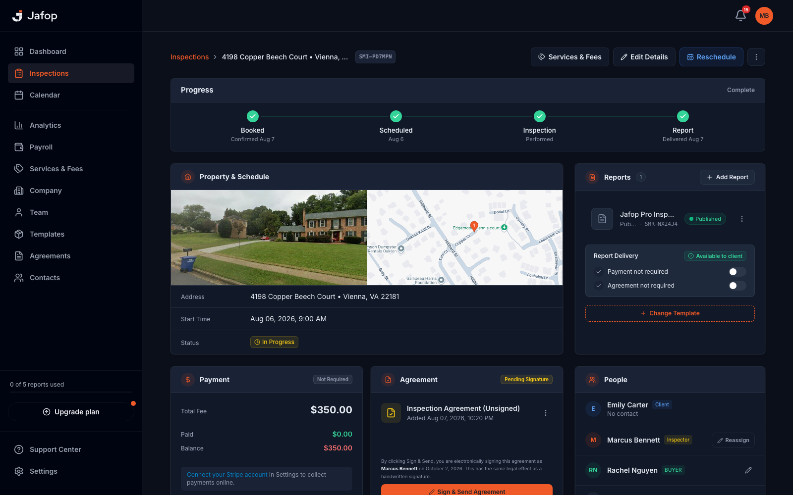 Jafop inspection page with progress stepper, property map, payment, and agreement status