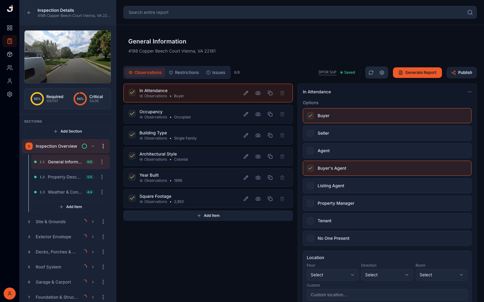 Jafop report editor with section navigation, completion tracking, and tap-to-answer items