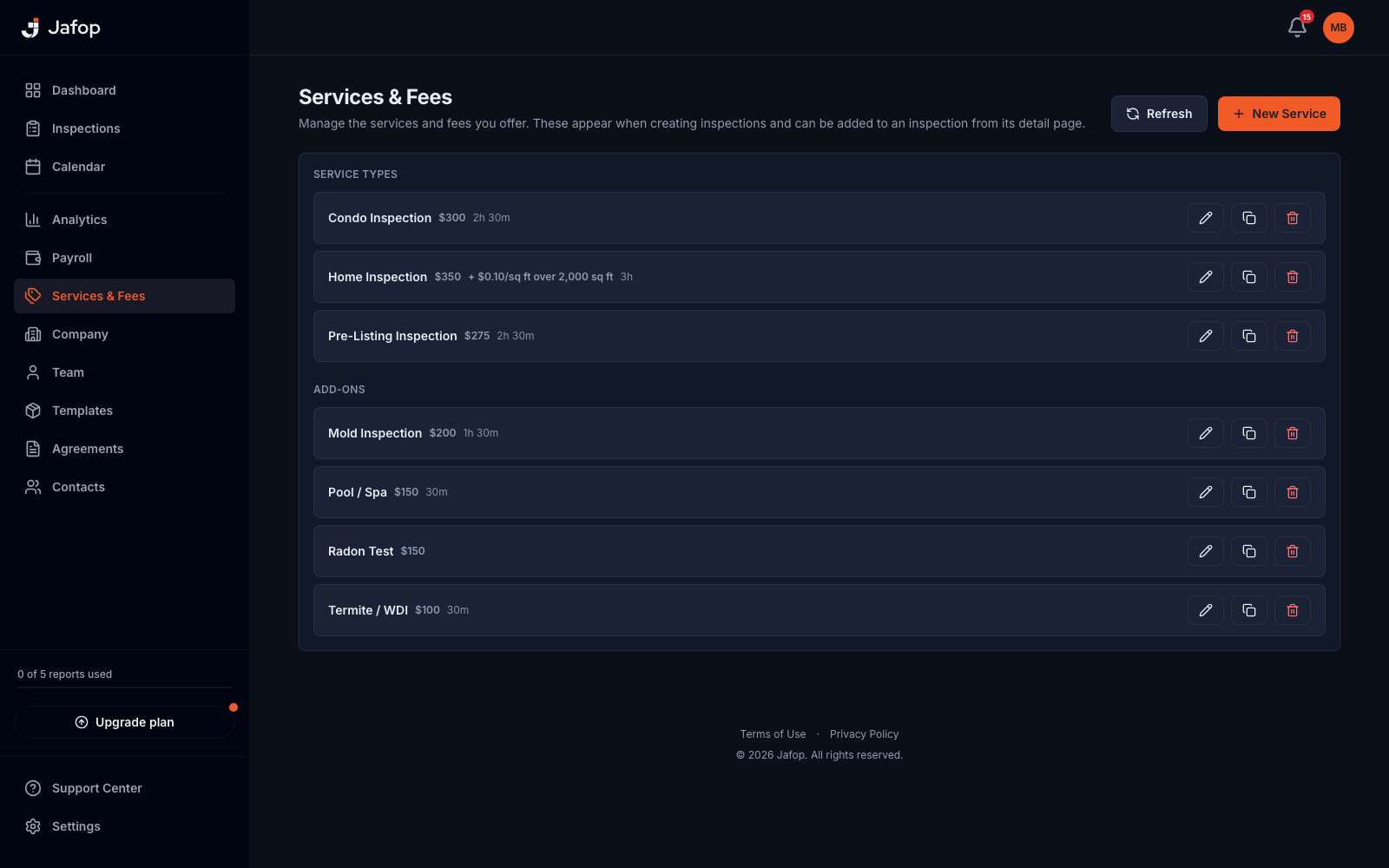 Jafop services settings with per-service pricing and durations