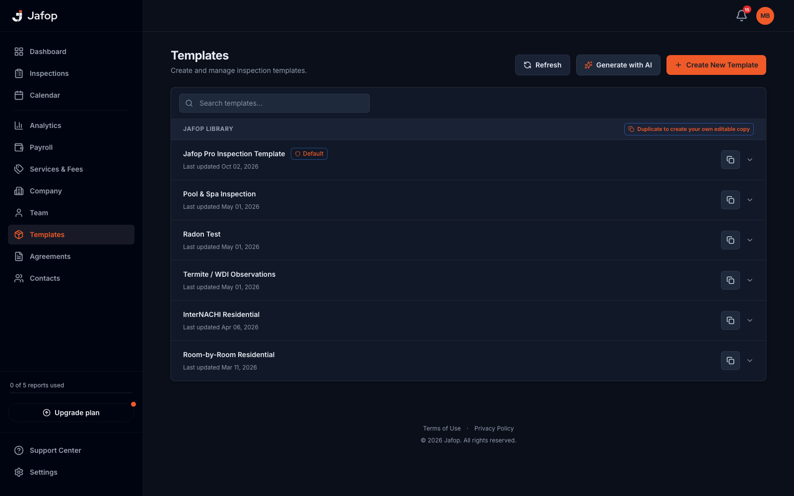 Jafop template library with built-in templates and AI generation