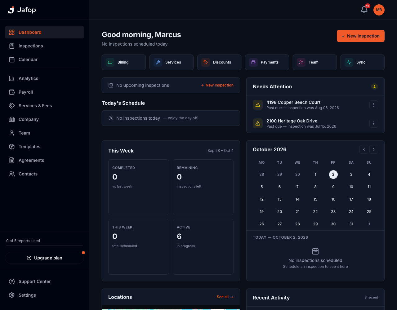 The Jafop dashboard — this week's inspections, what needs attention, and recent team activity.